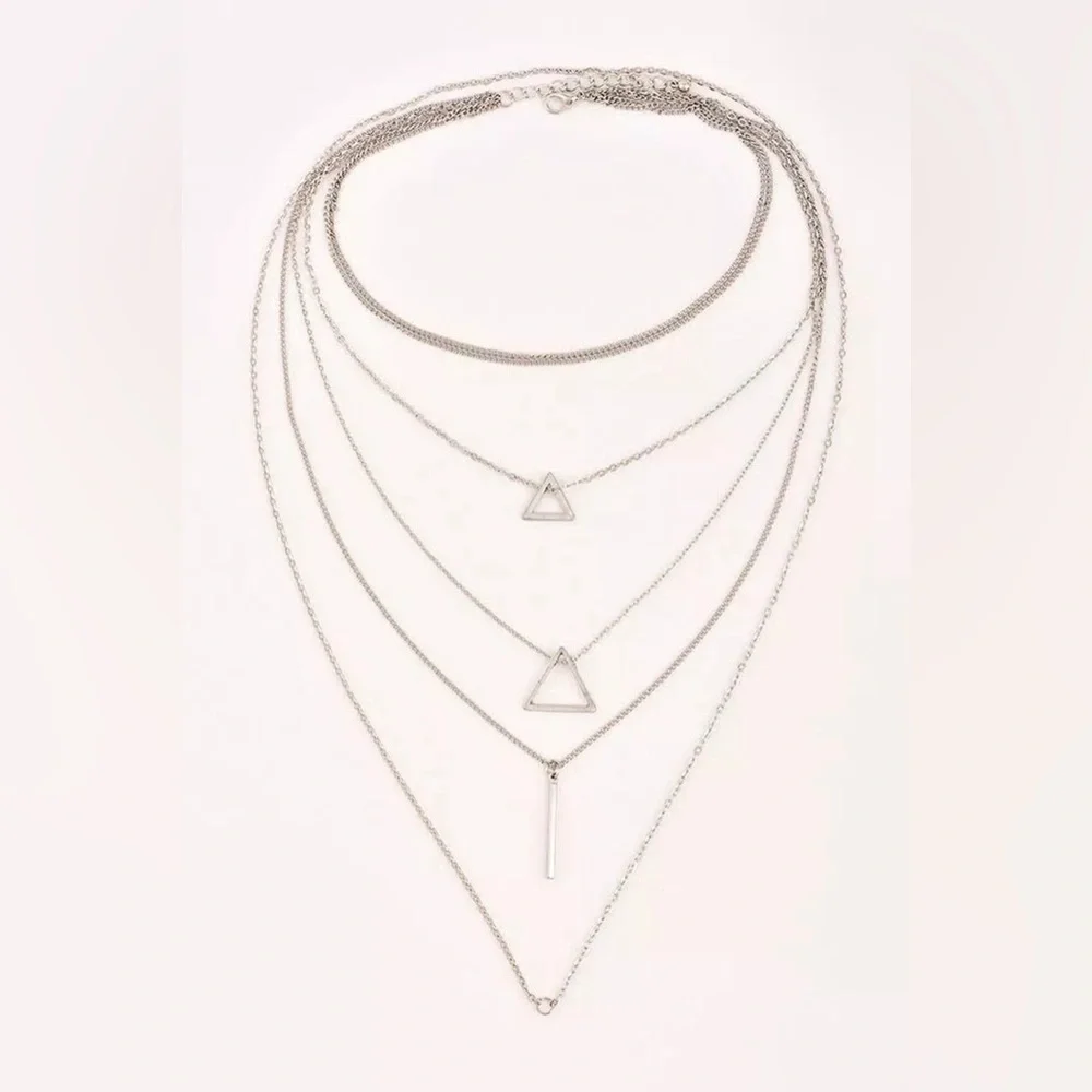 Silver Boho Triangle Bar Pendant Multilayer‎ Necklace